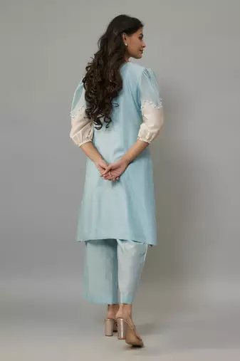 Nishi powder blue hand woven chanderi co-ord set with pearl embroidery