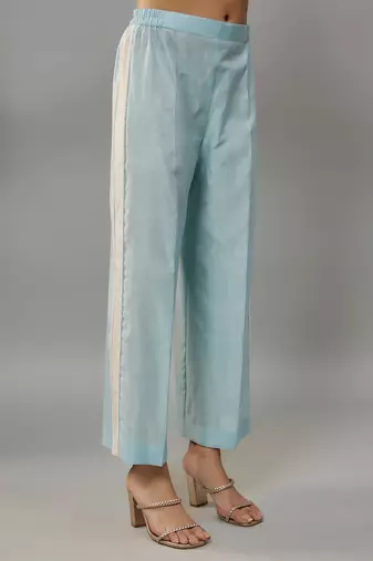 Nishi powder blue hand woven chanderi co-ord set with pearl embroidery