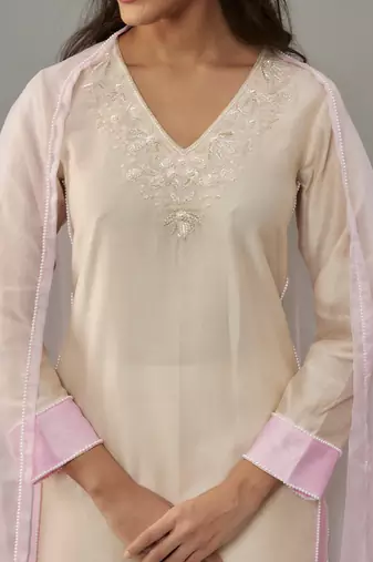 Aika ivory hand woven chanderi suit set with pearl embroidery