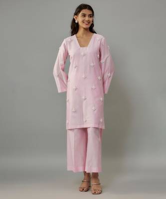Aylin powder pink hand woven chanderi co-ord set with pearl embroidery 1