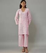 Aylin powder pink hand woven chanderi co-ord set with pearl embroidery