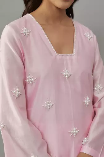 Aylin powder pink hand woven chanderi co-ord set with pearl embroidery