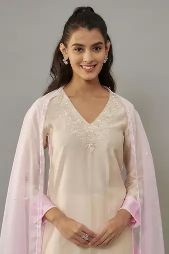 Aika ivory hand woven chanderi suit set with pearl embroidery