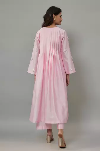 Aylin powder pink hand woven chanderi co-ord set with pearl embroidery