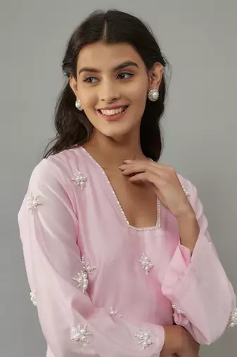 Aylin powder pink hand woven chanderi co-ord set with pearl embroidery
