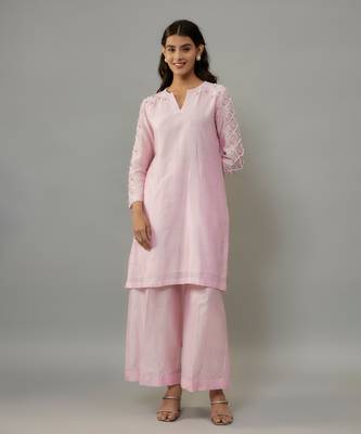 Kaena powder pink hand woven chanderi co-ord set with pearl embroidery 1