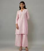Kaena powder pink hand woven chanderi co-ord set with pearl embroidery