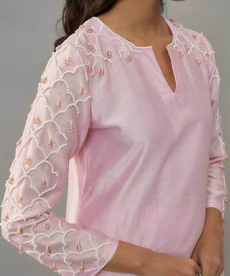 Kaena powder pink hand woven chanderi co-ord set with pearl embroidery 2