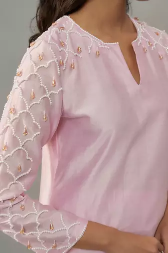 Kaena powder pink hand woven chanderi co-ord set with pearl embroidery