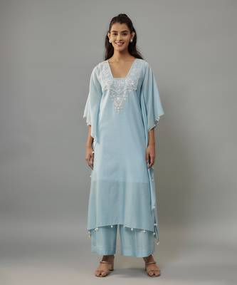 Alurra powder blue hand woven chanderi kaftan set with pearl embroidery 1