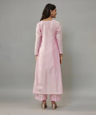 Kaena powder pink hand woven chanderi co-ord set with pearl embroidery 3