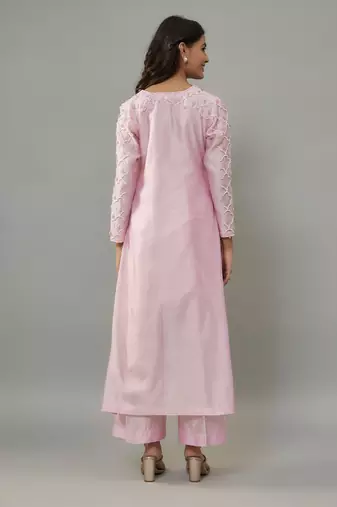 Kaena powder pink hand woven chanderi co-ord set with pearl embroidery