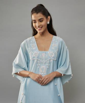 Alurra powder blue hand woven chanderi kaftan set with pearl embroidery 2