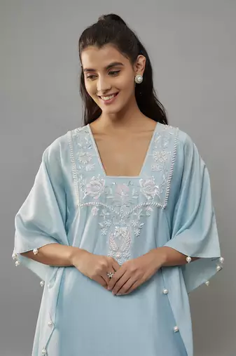 Alurra powder blue hand woven chanderi kaftan set with pearl embroidery