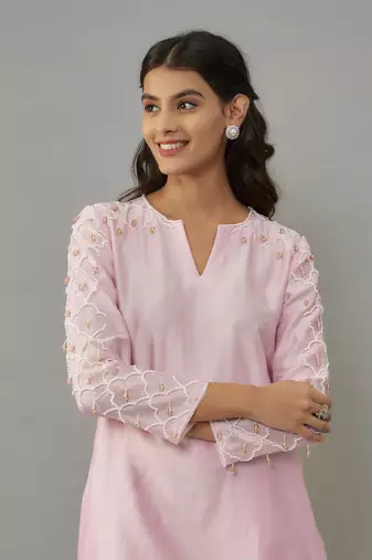 Kaena powder pink hand woven chanderi co-ord set with pearl embroidery