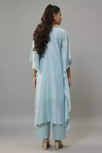 Alurra powder blue hand woven chanderi kaftan set with pearl embroidery