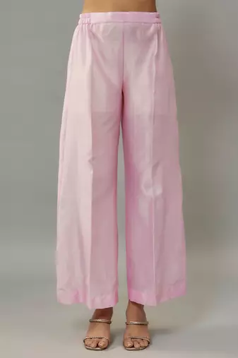 Kaena powder pink hand woven chanderi co-ord set with pearl embroidery