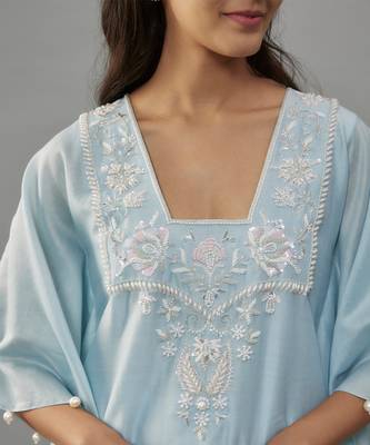 Alurra powder blue hand woven chanderi kaftan set with pearl embroidery 4