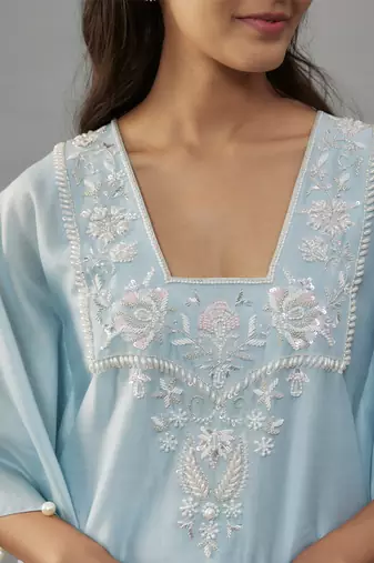 Alurra powder blue hand woven chanderi kaftan set with pearl embroidery