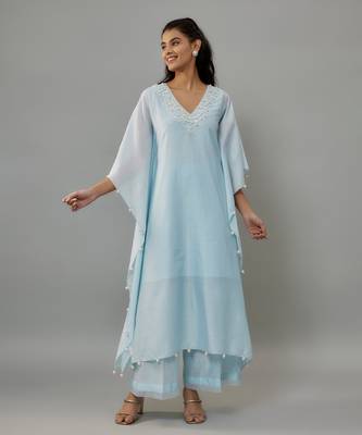 Yeva powder blue hand woven chanderi kaftan set with pearl embroidery 1