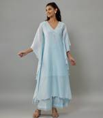 Yeva powder blue hand woven chanderi kaftan set with pearl embroidery