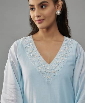 Yeva powder blue hand woven chanderi kaftan set with pearl embroidery 2