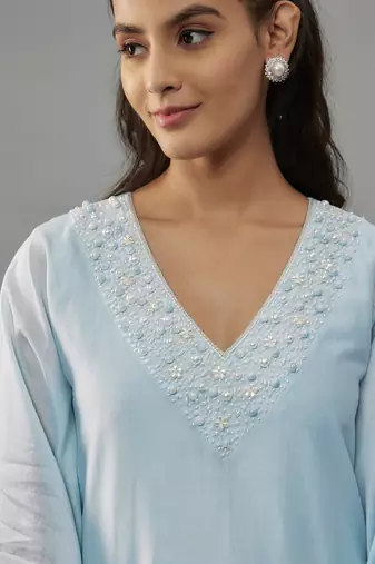 Yeva powder blue hand woven chanderi kaftan set with pearl embroidery