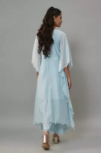 Yeva powder blue hand woven chanderi kaftan set with pearl embroidery