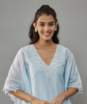 Yeva powder blue hand woven chanderi kaftan set with pearl embroidery 4