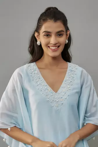 Yeva powder blue hand woven chanderi kaftan set with pearl embroidery