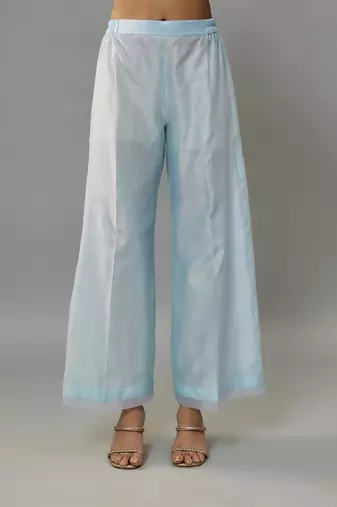 Yeva powder blue hand woven chanderi kaftan set with pearl embroidery