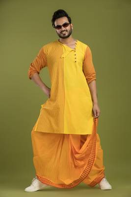 Casual style yellow stripe kurta & dhoti full set 1