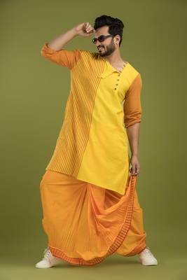 Casual style yellow stripe kurta & dhoti full set 2
