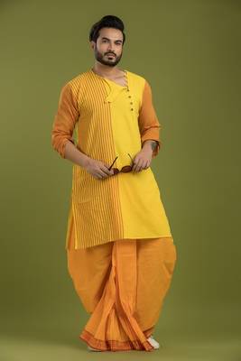 Casual style yellow stripe kurta & dhoti full set 3