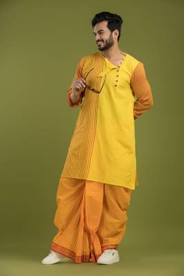 Casual style yellow stripe kurta & dhoti full set 4