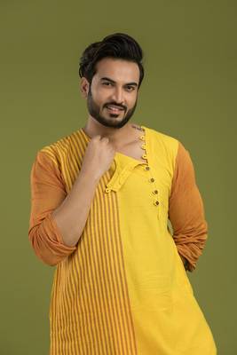 Casual style yellow stripe kurta & dhoti full set 5