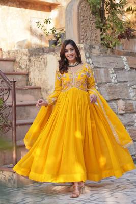 Yellow Designer Long Kurti & Dupatta With Embroidery Zari Sequins Work 1