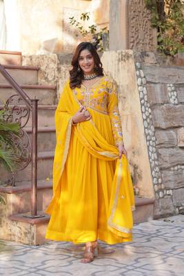 Yellow Designer Long Kurti & Dupatta With Embroidery Zari Sequins Work 3