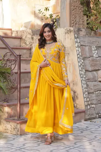 Yellow Designer Long Kurti & Dupatta With Embroidery Zari Sequins Work
