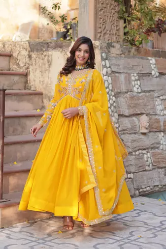 Yellow Designer Long Kurti & Dupatta With Embroidery Zari Sequins Work