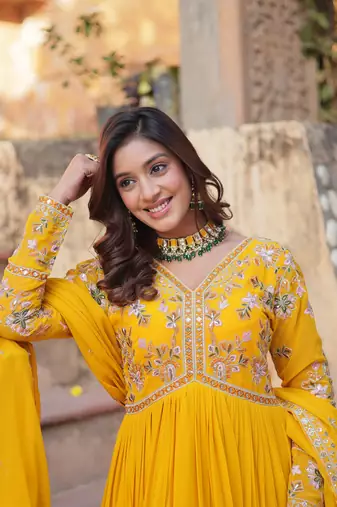 Yellow Designer Long Kurti & Dupatta With Embroidery Zari Sequins Work