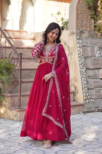 Pink Designer Long Kurti & Duppta With Embroidery Zari Sequins Work