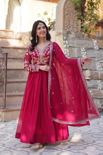 Pink Designer Long Kurti & Duppta With Embroidery Zari Sequins Work