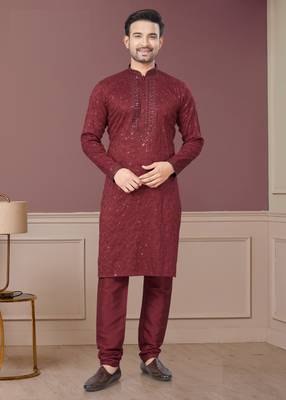Maroon Embroidered Kurta pajama for men 1