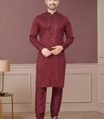 Maroon Embroidered Kurta pajama for men