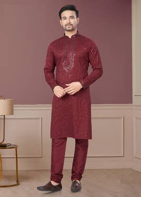 Maroon Embroidered Kurta pajama for men 2