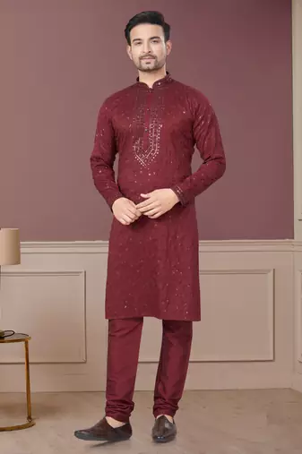 Maroon Embroidered Kurta pajama for men