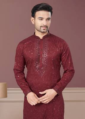 Maroon Embroidered Kurta pajama for men 3