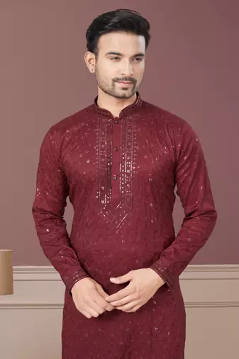 Maroon Embroidered Kurta pajama for men