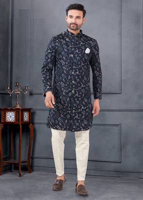 Silk Blue Reception Sherwani with Floral Embroidery 1